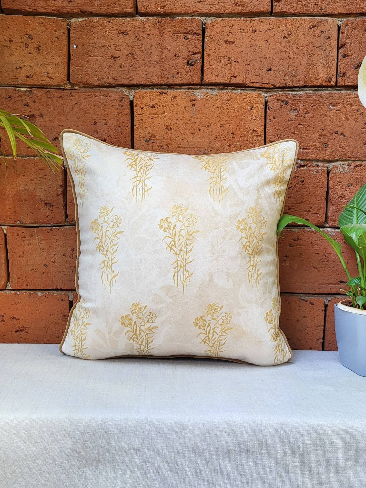 Zeba World Cream Floral Printed Cord Piped Velvet Cushion Cover (16 x 16 Inches)