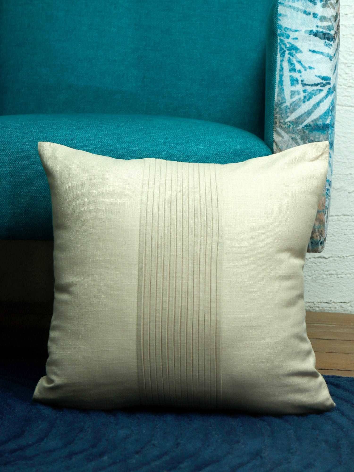 Zeba World Cream Pleated Technique Cotton Blend Cushion Cover (16 x 16 Inches)