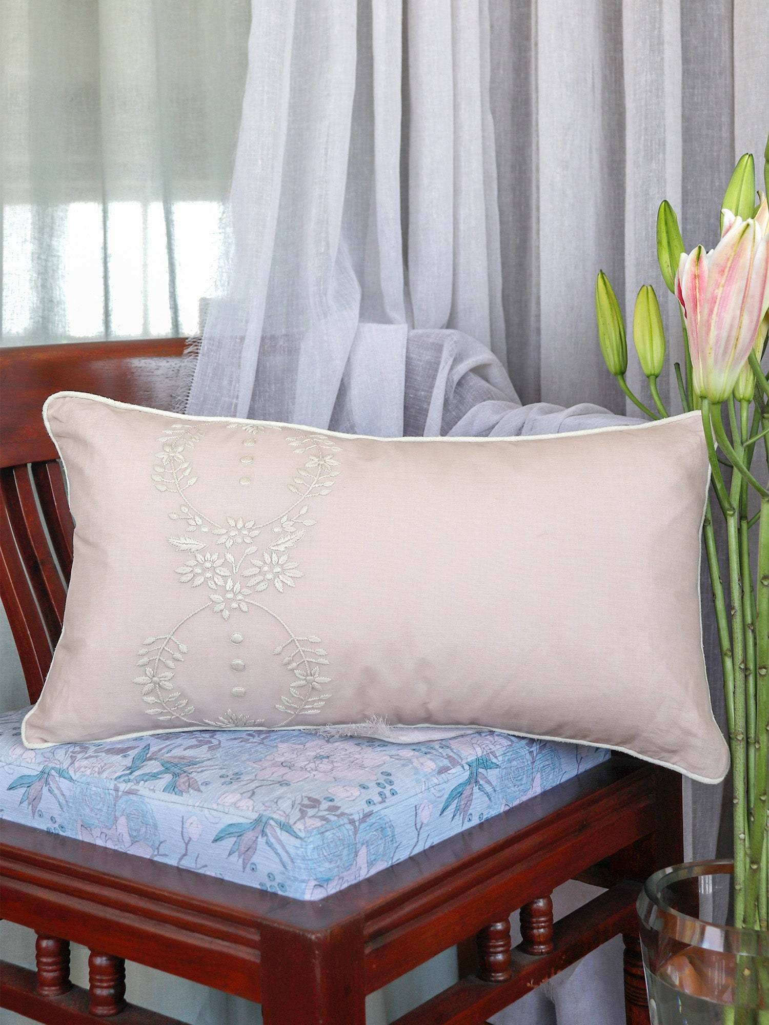 Zeba World Beige Floral Hand Embroidered Linen Pillow Cover (12 x 22 Inches)