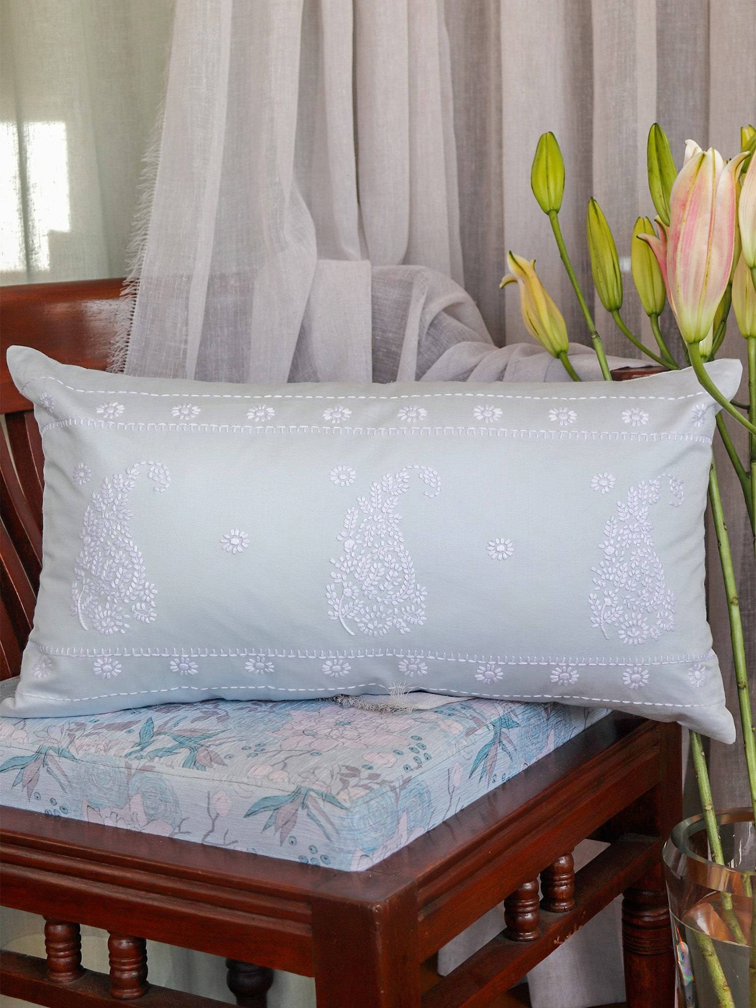 Zeba World Blue Floral Hand Embroidered Cotton Pillow Cover (12 x 22 Inches)