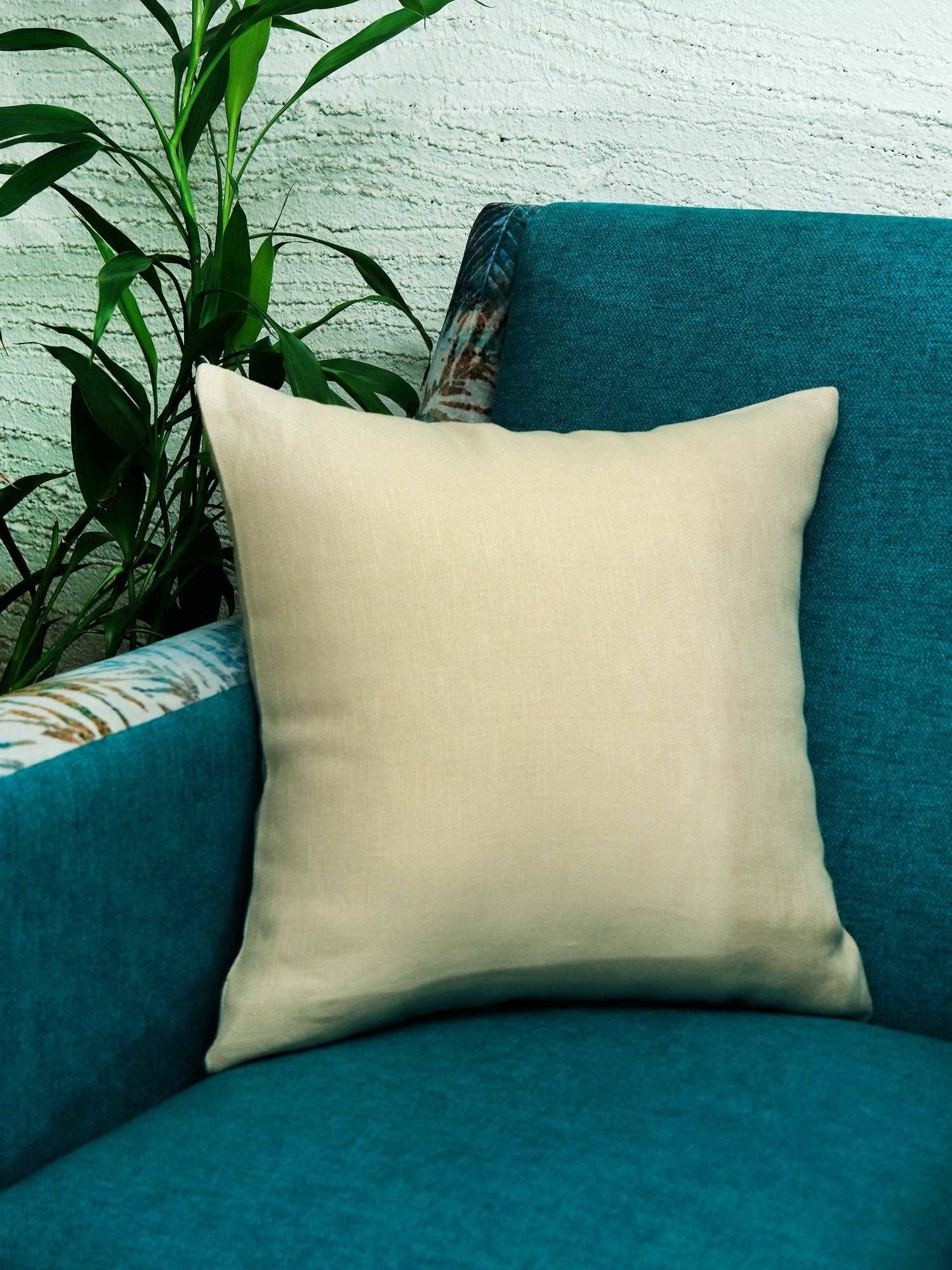 Zeba World Beige Solid Cotton Blend Cushion Cover (16 x 16 Inches)