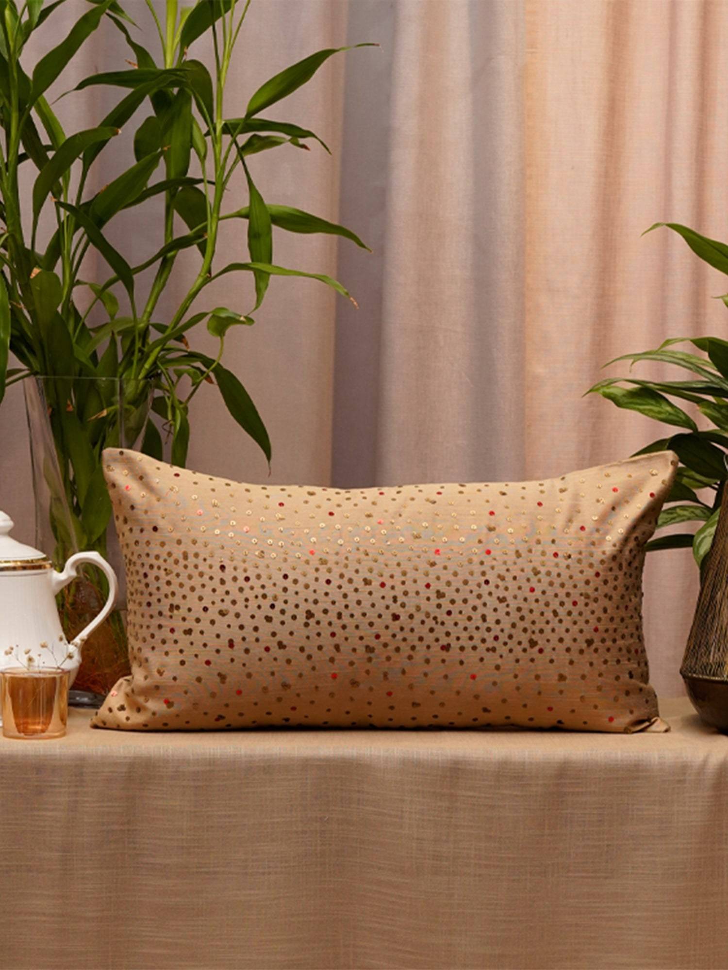 Zeba World Brown Embellished Self Textured Polyester Pillow Cover (12 x 22 Inches)