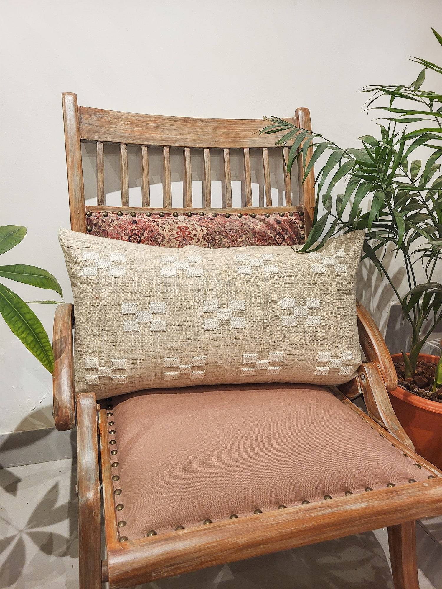 Zeba World Beige Hand Knotted Embroidered Linen Pillow Cover (12 x 22 Inches)