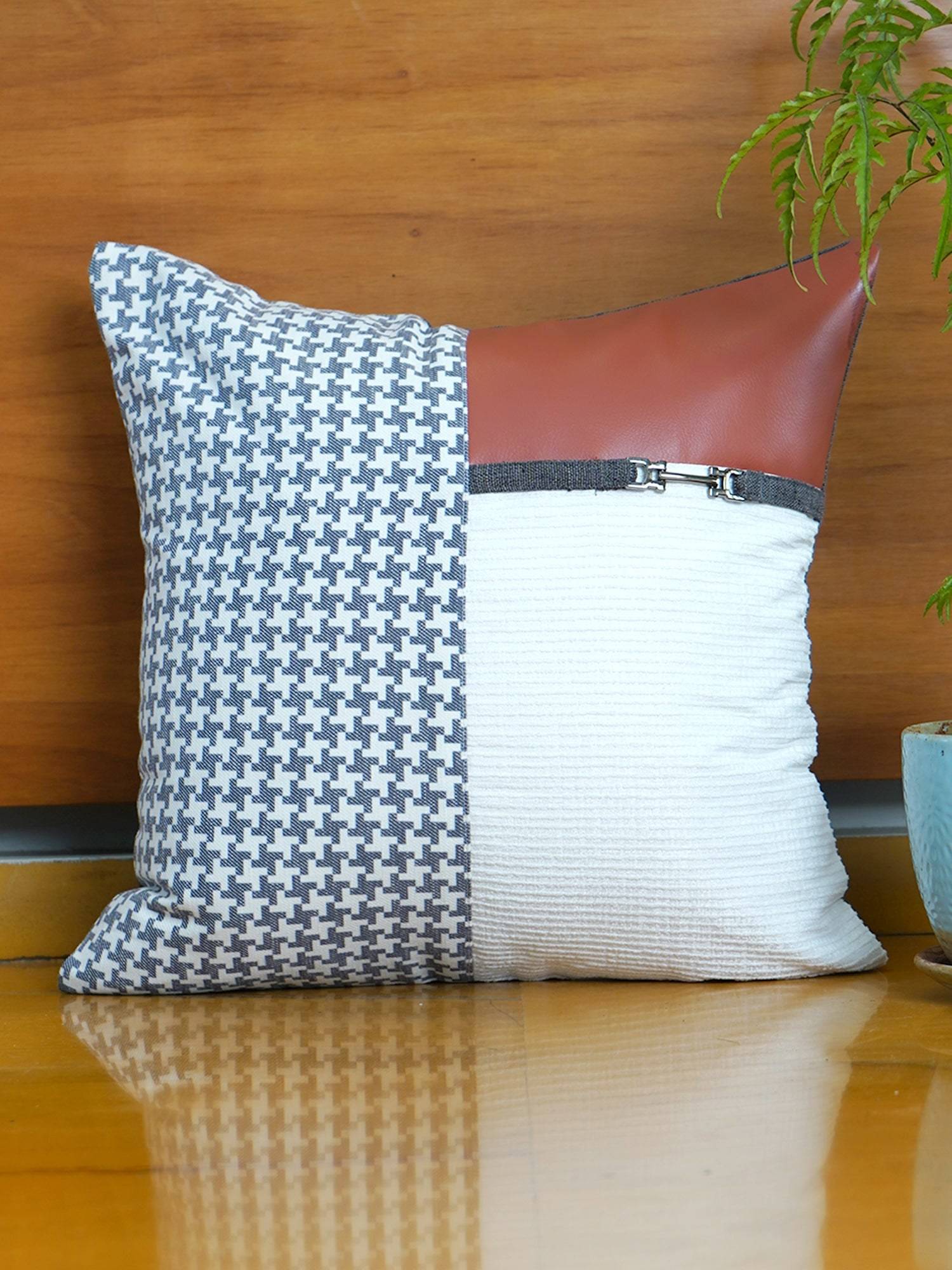 Zeba World White Printed & Leather Patchwork Polyester Cushion Cover (16 x 16 Inches)