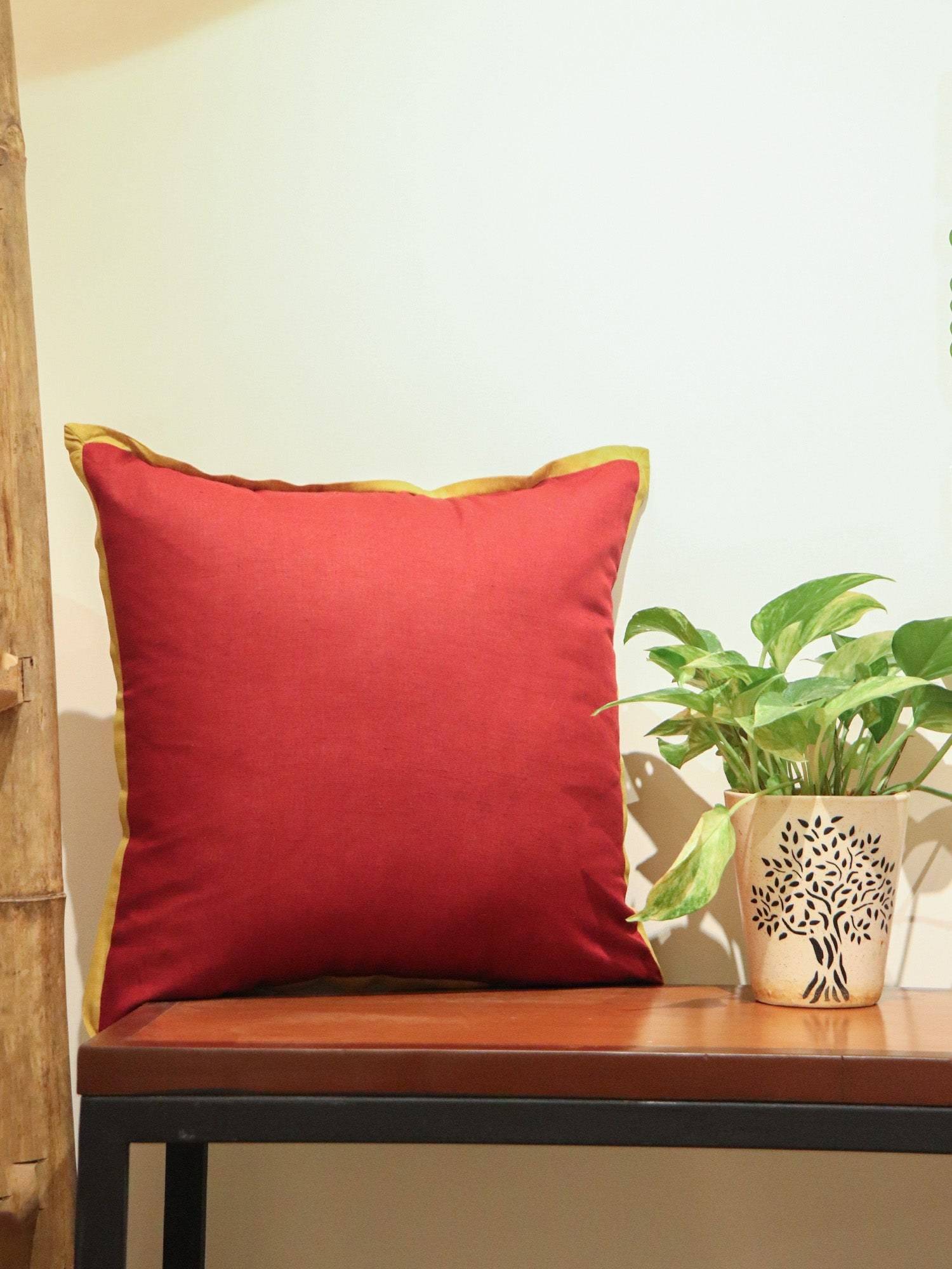 Zeba World Red Solid Flat Piped Linen Cushion Cover (16 x 16 Inches)