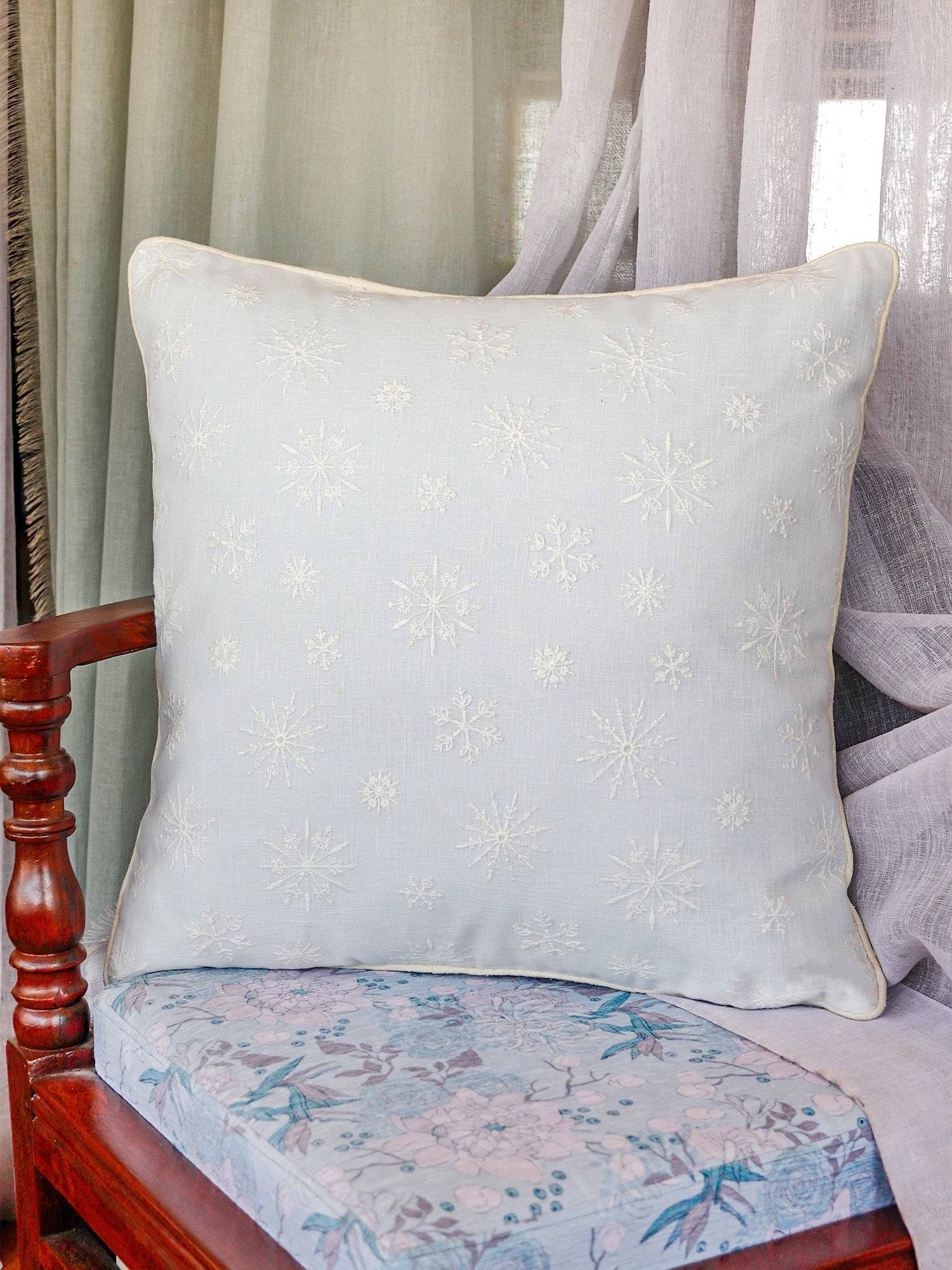 Zeba World Blue Hand Embroidered Snowflakes Cotton Cushion Cover (20 x 20 Inches)