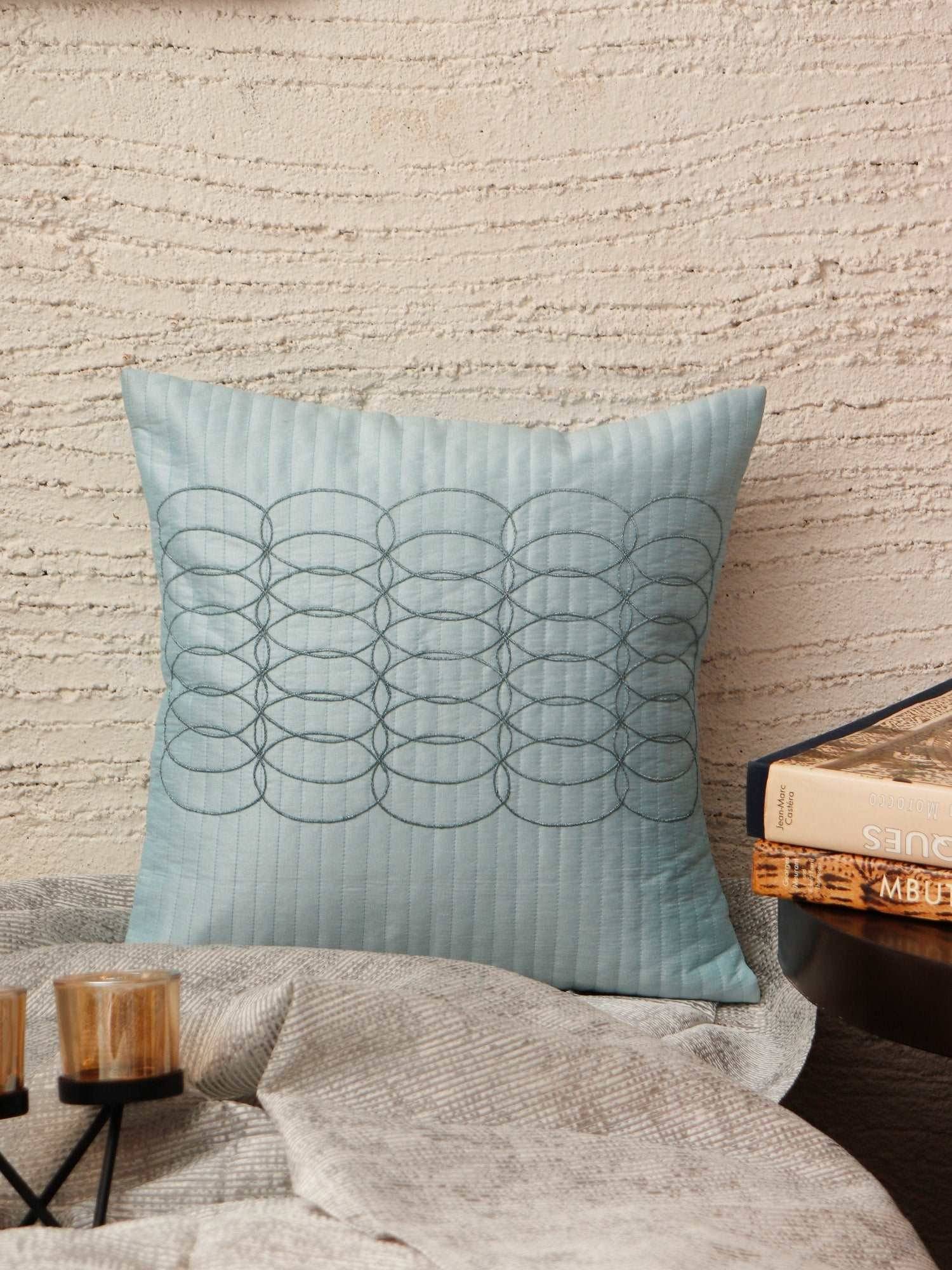 Zeba World Blue Zari Embroidered & Self Quilted Polyester Cushion Cover (16 x 16 Inches)
