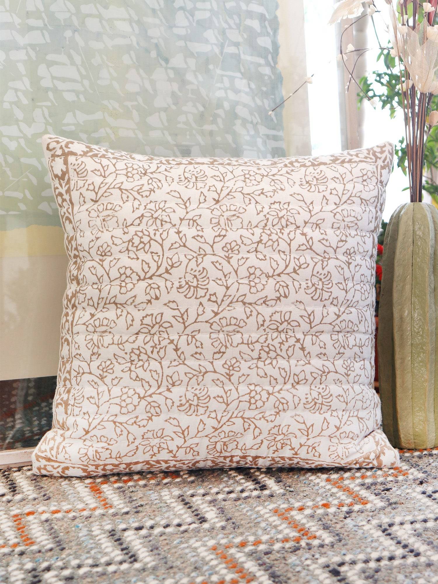Zeba World Cream Block Printed Quilted Cotton Cushion Cover (18 x 18 Inches)