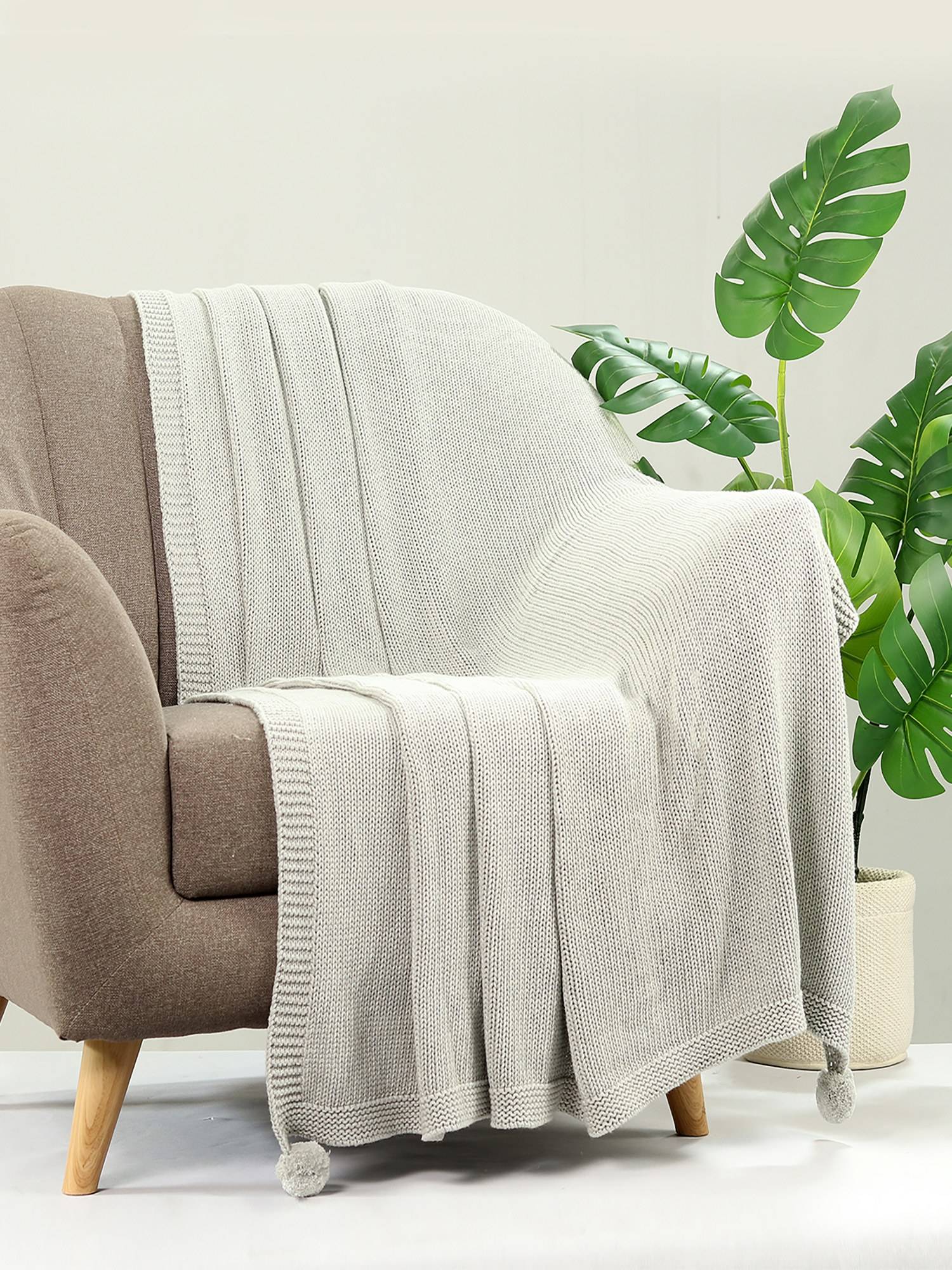PLUCHI Jersey Chunky Knit Vanilla Grey Melange Color Cotton Knitted Throw