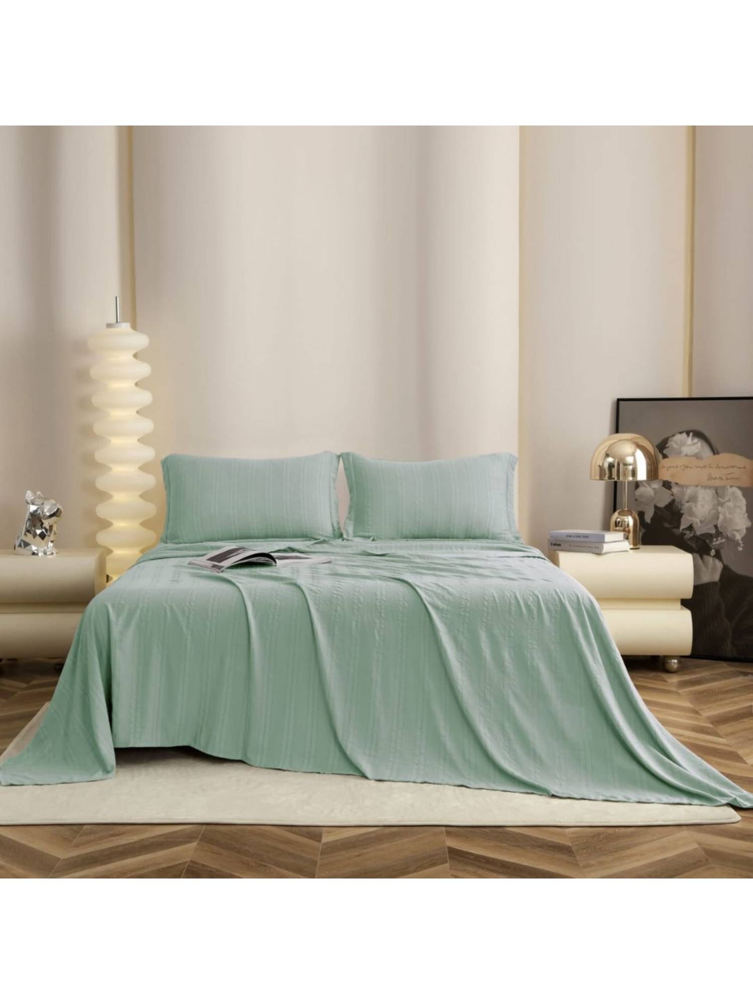 The Gharnish Green Striped Bedsheet with 2 Pillow Covers (Double)