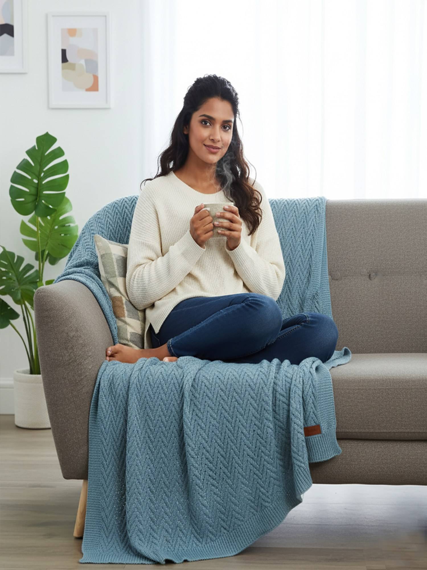 PLUCHI Elsa Blue Cotton Knitted Throw