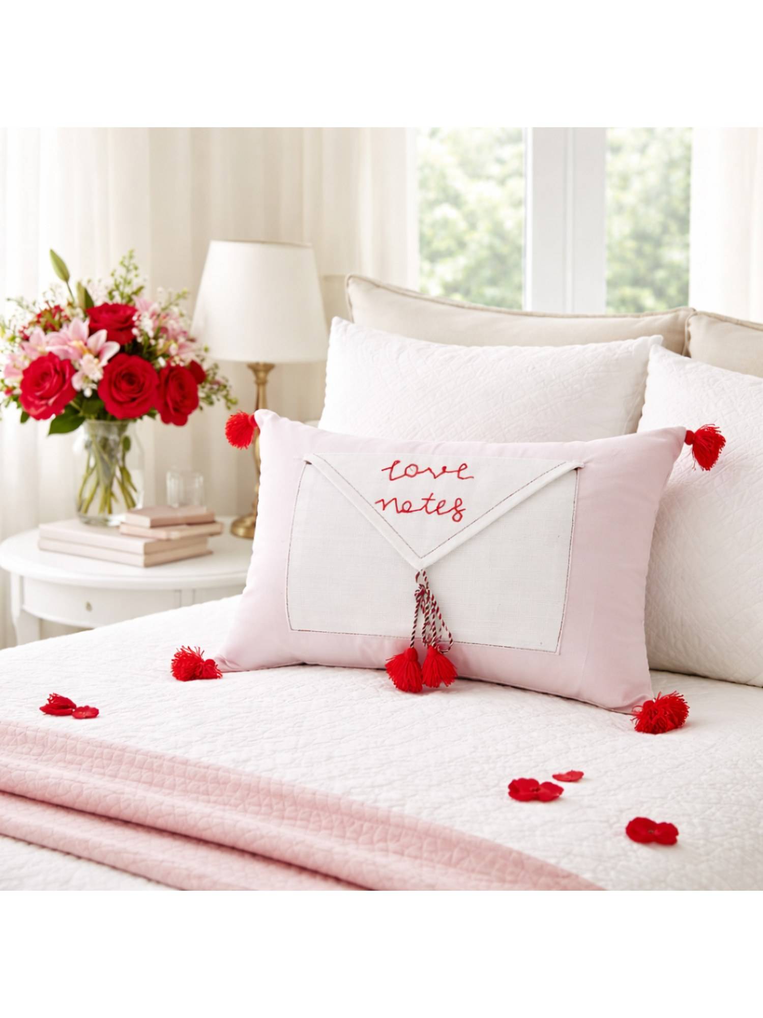 THROW PILLOW Multi-Color Love Notes Envelope Pocket Tassels Pillow Cover (12 x 18 Inches)