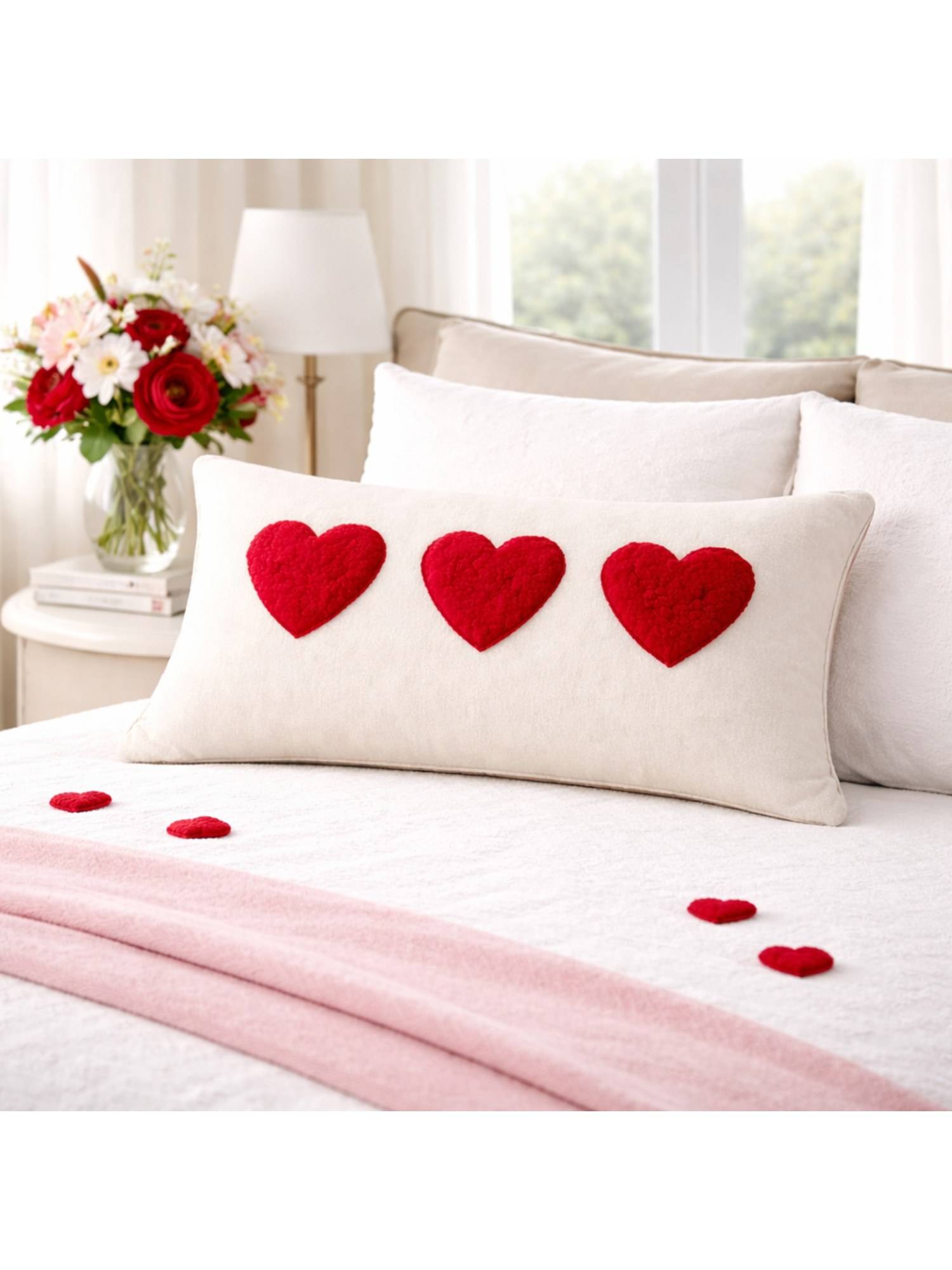 THROW PILLOW Charming White Featuring Red Faux Fur Heart Pillow Cover (12 x 18 Inches)