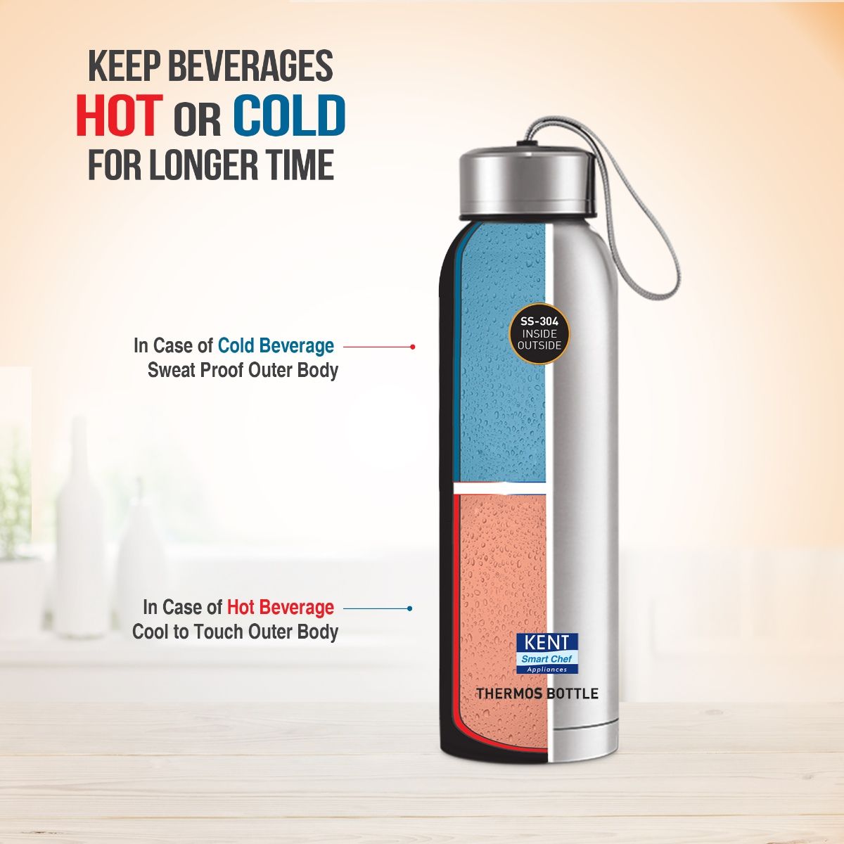 Kent 16045 Thermos Bottle Stainless Steel 500 mL, Double Wall Vacuum