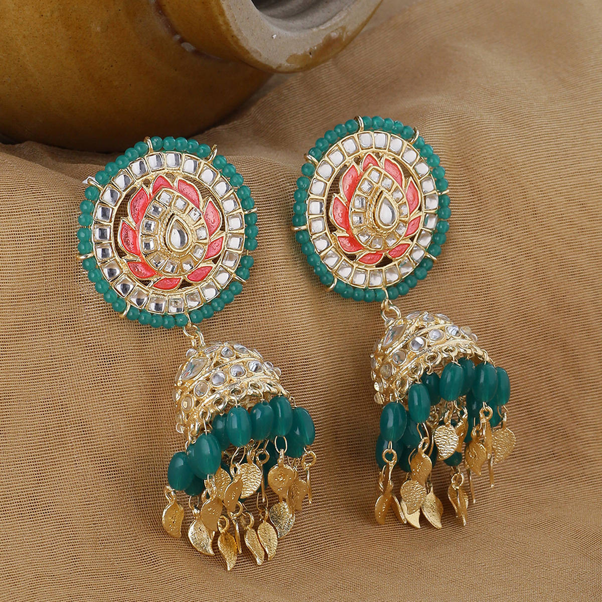 SHOSHAA Green Pink Floral Motif Jhumkas