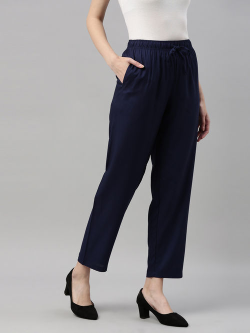 Buy GO COLORS Blue Womens Solid Mid Rise Trousers