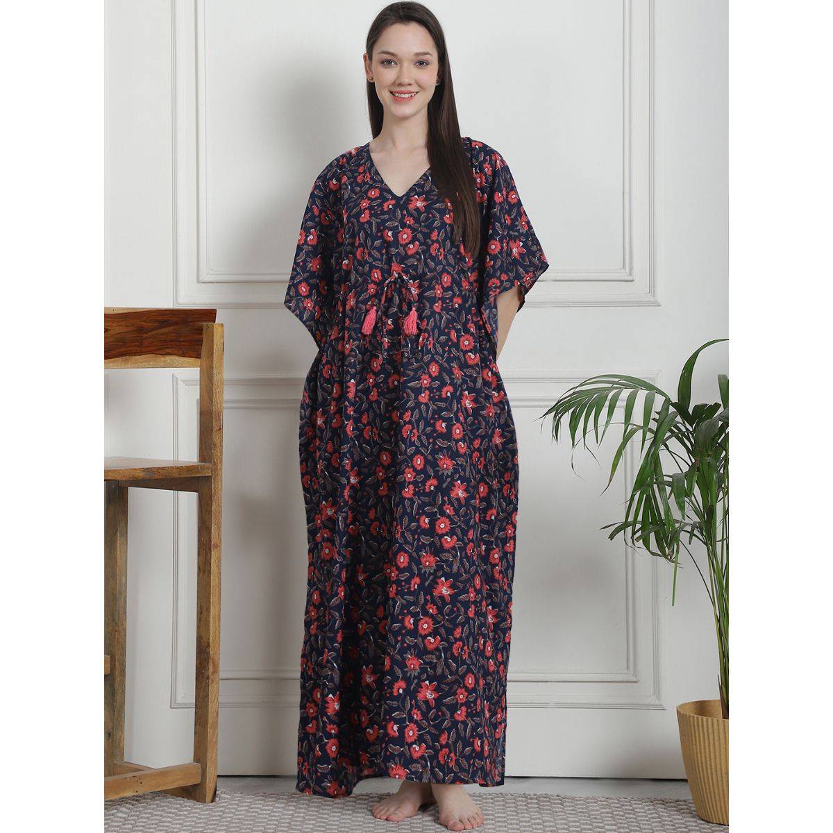 Secret Wish Floral Print Navy Blue Cotton Kaftan Nighty