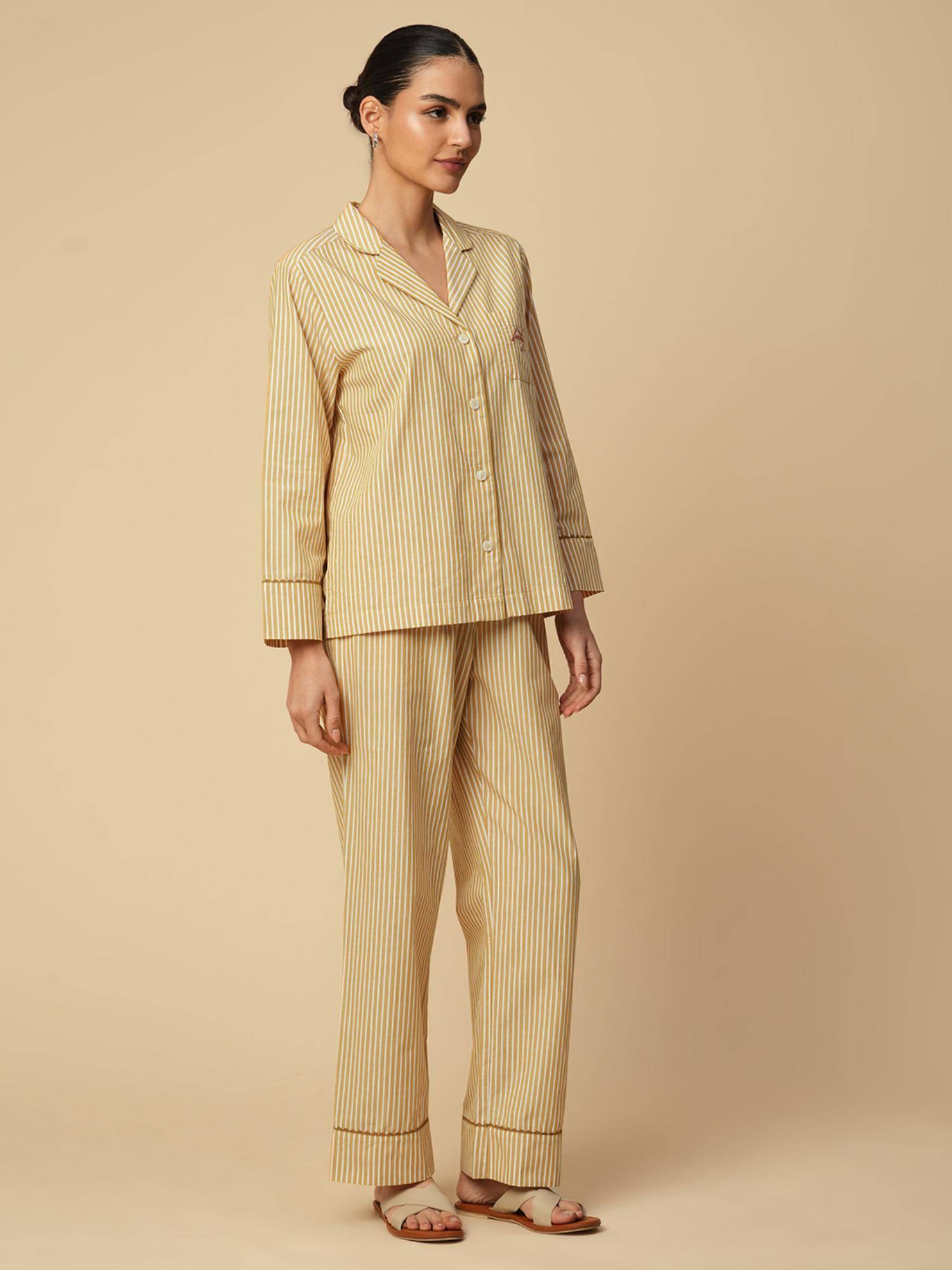 Suit With Ric Rac Buy Chemistry Mustard Stripes Cotton Nightsuit Ric Rac Detailing Shirt ...
