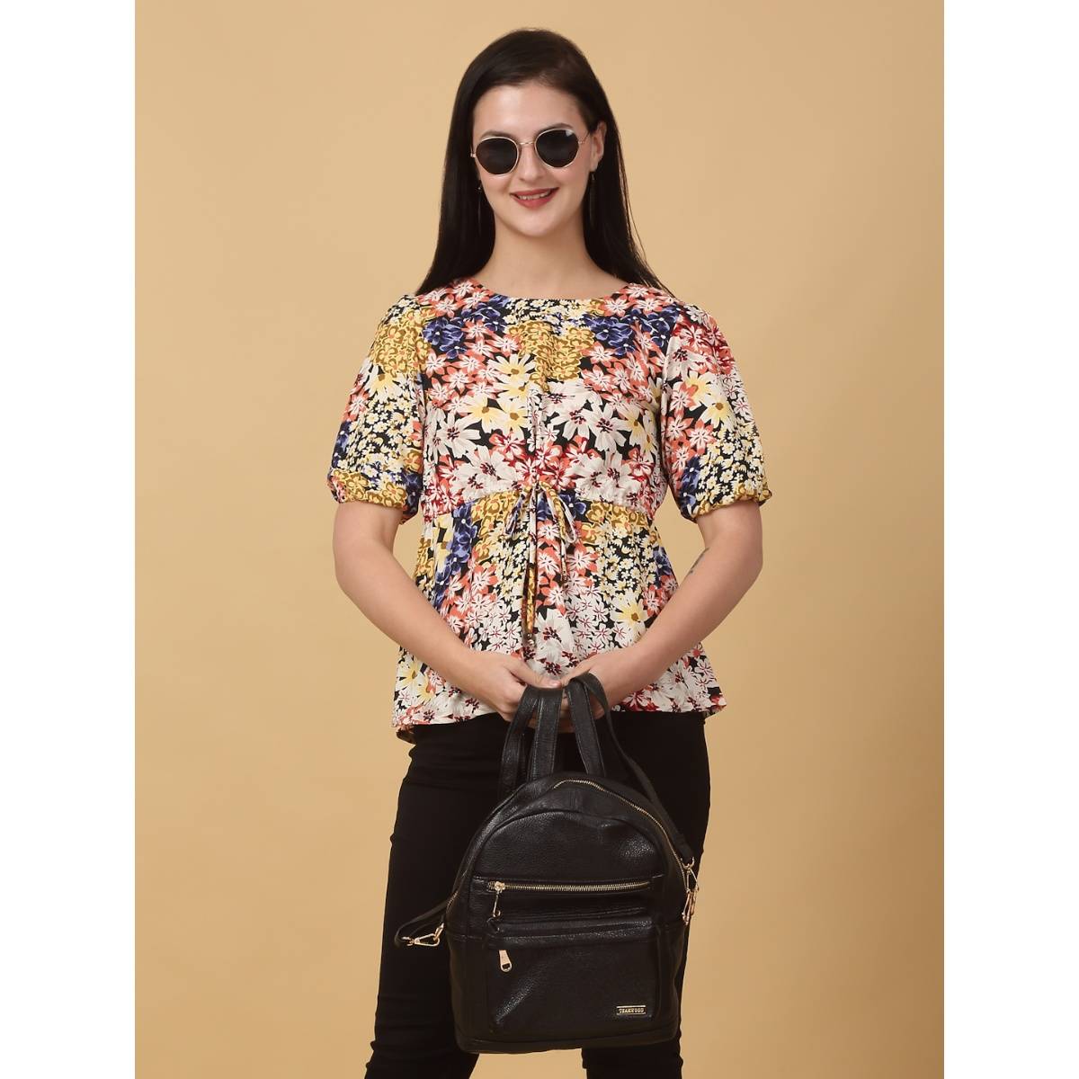 Teakwood Women Black Texture Leather Backpack