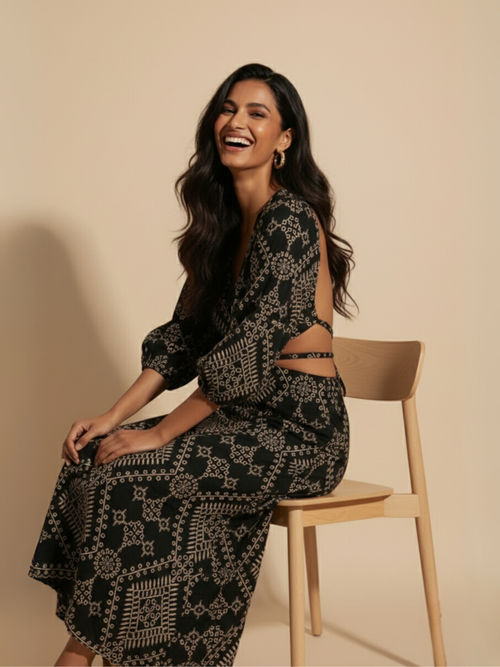 black bow dress long Buy Women Black Boho Printed Back Bow Strappy Maxi Dress Online at Best  Price main image 0