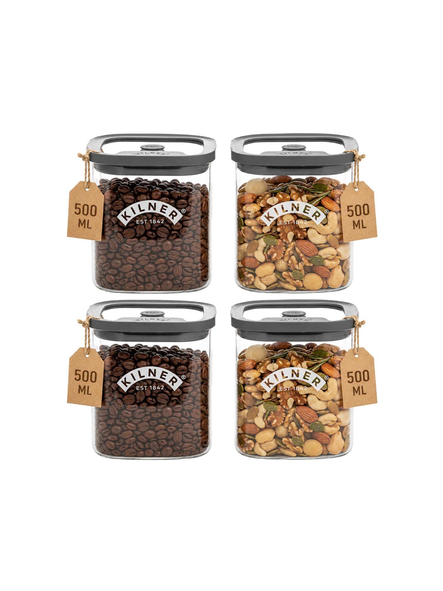Kilner 500ml Vacuum Glass Jar Set of 4 Airtight Food Storage for Coffee, Herbs and Spices