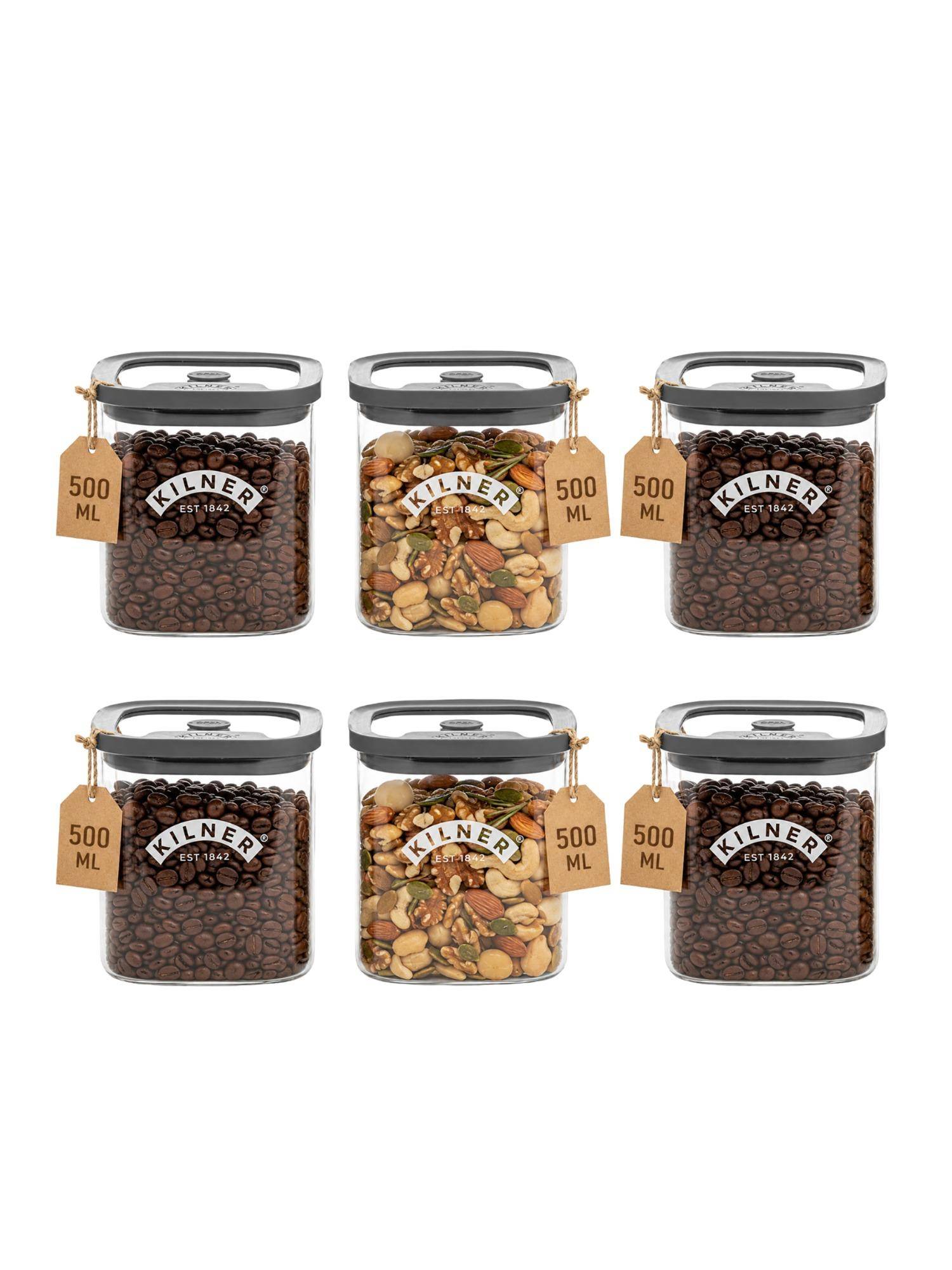 Kilner 500ml Vacuum Glass Jar Set of 6 Airtight Food Storage for Coffee, Herbs and Spices