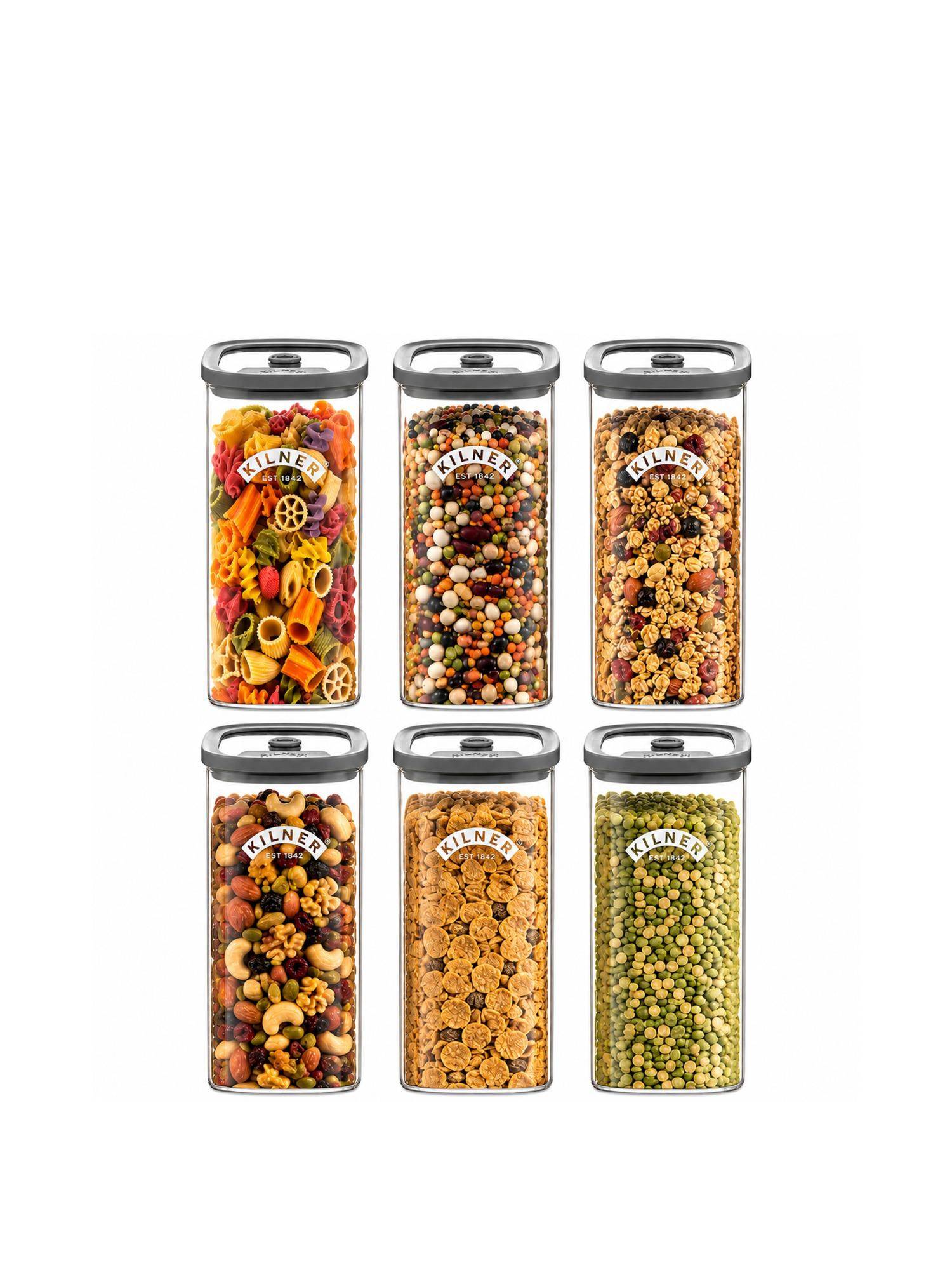 Kilner 1.5L Vacuum Glass Jar Set of 6 Airtight Storage for Cereals, Flour and Pulses