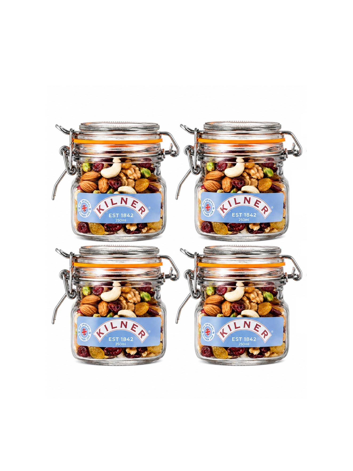 Kilner 250ml Square Clip Top Glass Jar Set of 4 Airtight Storage for Spices and Honey