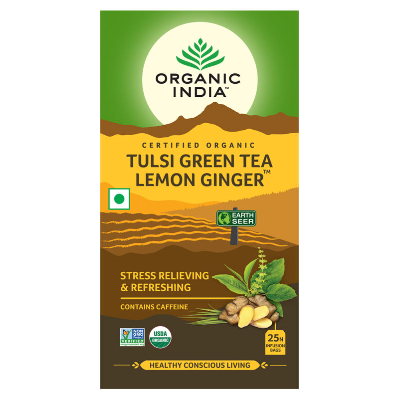 Organic India Tulsi Lemon Ginger Green Tea (Stress Reliveing & Exhilarating)(25 tea bags)