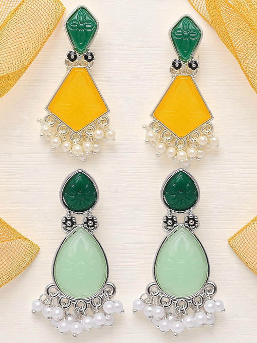 OOMPH Combo of Ethnic Engraved Jaipur Stones Drop Earrings Yellow and  Green Color (Pack of 2)