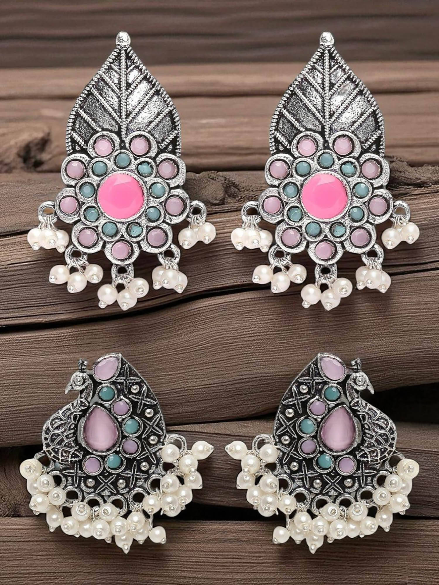 OOMPH Combo of 2 Oxidised Silver Ethnic Drop Earrings Leaf Floral and Peacock Shape (Pack of 2)