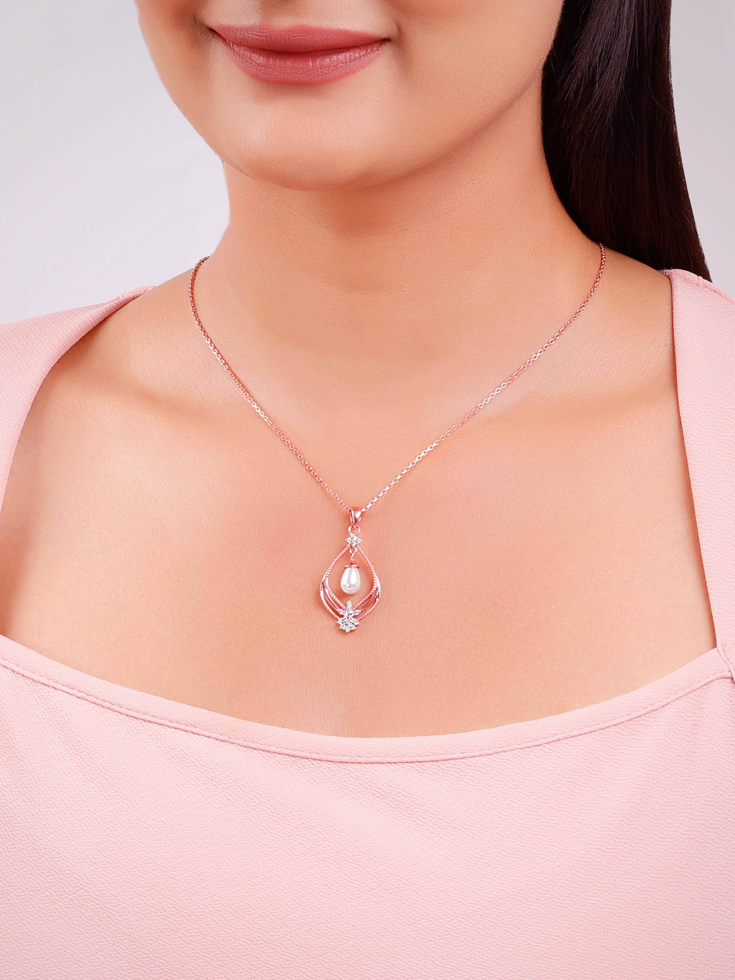 GIVA 925 Silver Rose Gold Princess Pearl Pendant With Link Chain