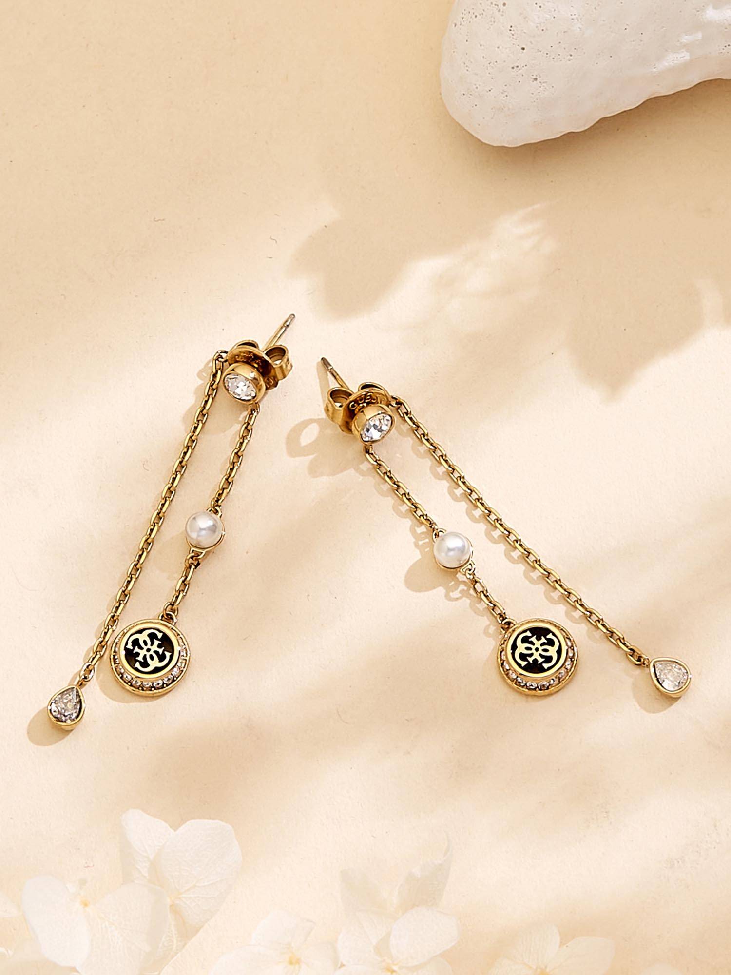 Guess Tiny Pearly Drop Earrings For Women, Stainless Steel, Anti-Tarnish, Gold-Plated
