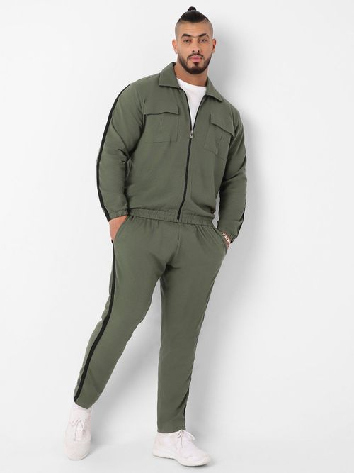 Buy Instafab Plus Men Olive Green Zip-Front Tracksuit with Flap