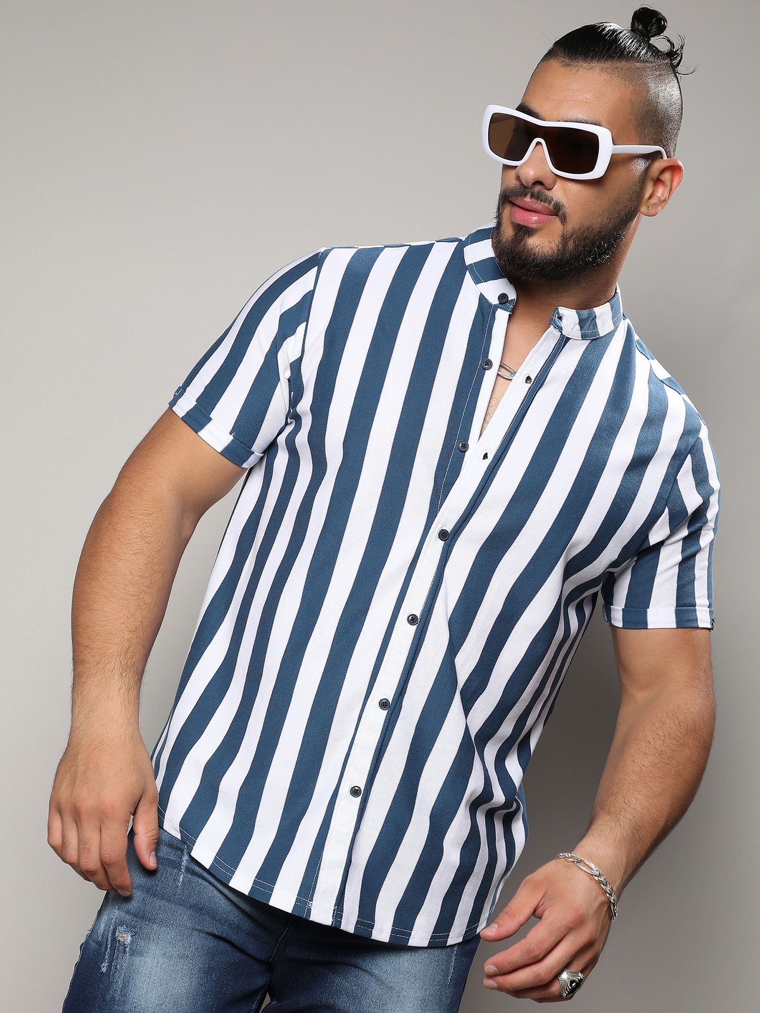 Buy Instafab Plus Men Chalk White & Prussian Blue Bengal Striped