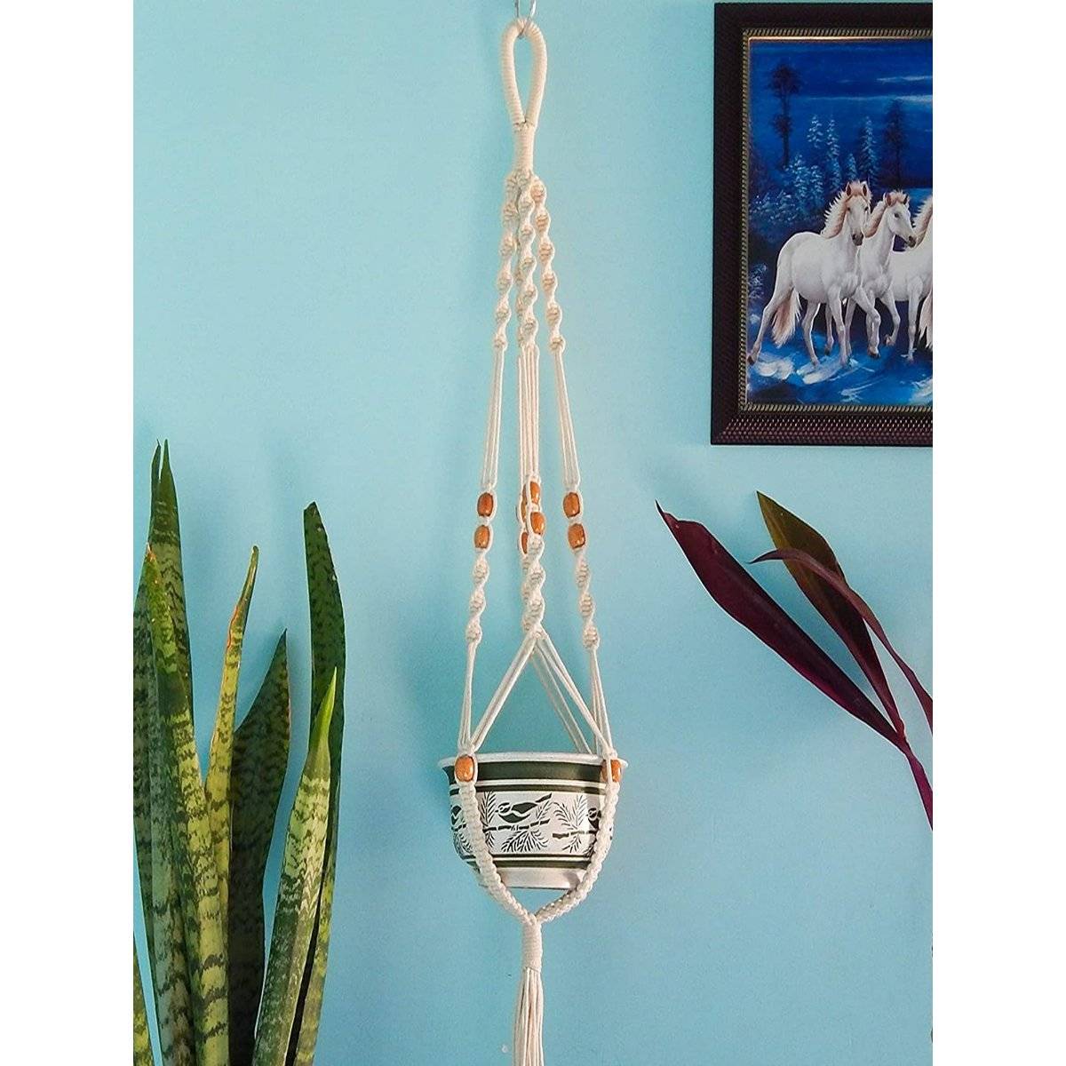 Ecofynd Macrame Cotton Plant Hanger With Beads