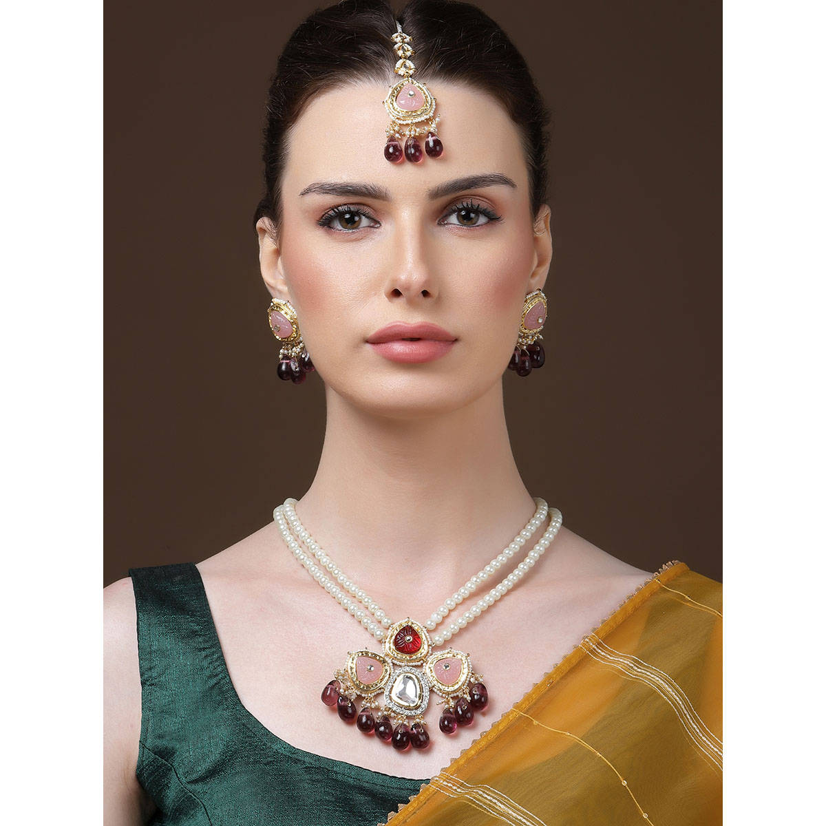 Dugran By Dugristyle Purple and Pink Maang Tikka with Kundan and Pearls