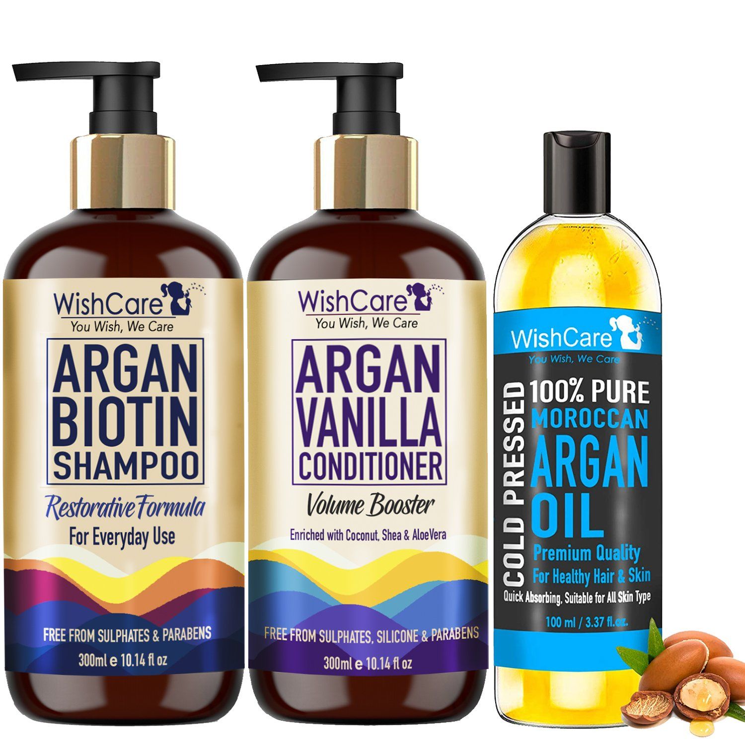 WishCare Moroccan Argan Oil Hair Combo - Paraben And Sulphate Free Shampoo, Conditioner & Argan Oil