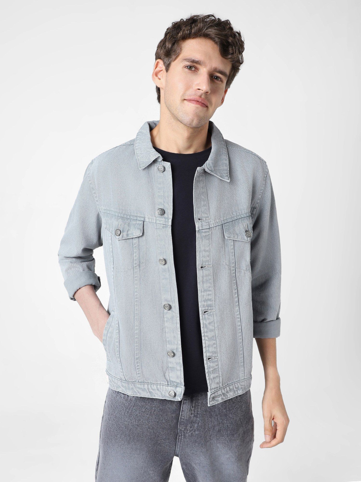 Urbano Fashion Men Light Grey Regular Fit Washed Full Sleeve Denim Jacket