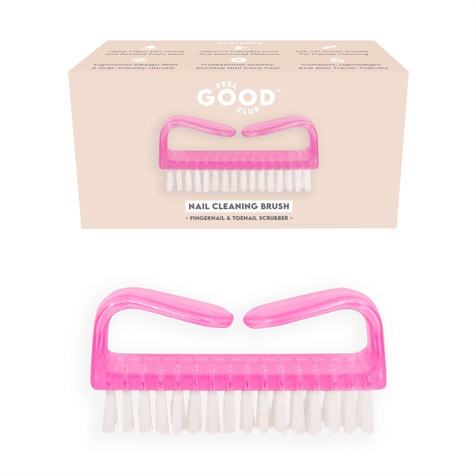 Feel Good Club Finger & Toe Nail Cleaning Brush - Manicure & Pedicure Scrubber Tool With Grip Handle