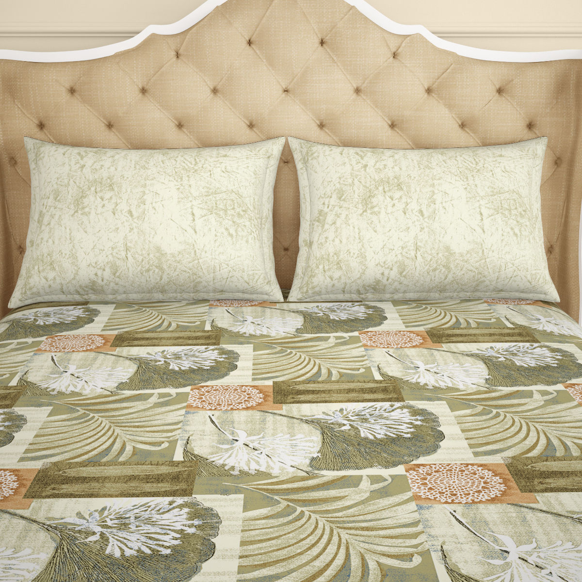 Spaces Atrium Floral Beige 1 Queen Size Fitted Sheets With 2 Pillow