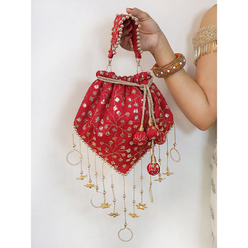 Buy Soho Boho Studio Maroon Embellished Tassles Triangle Potli Bag