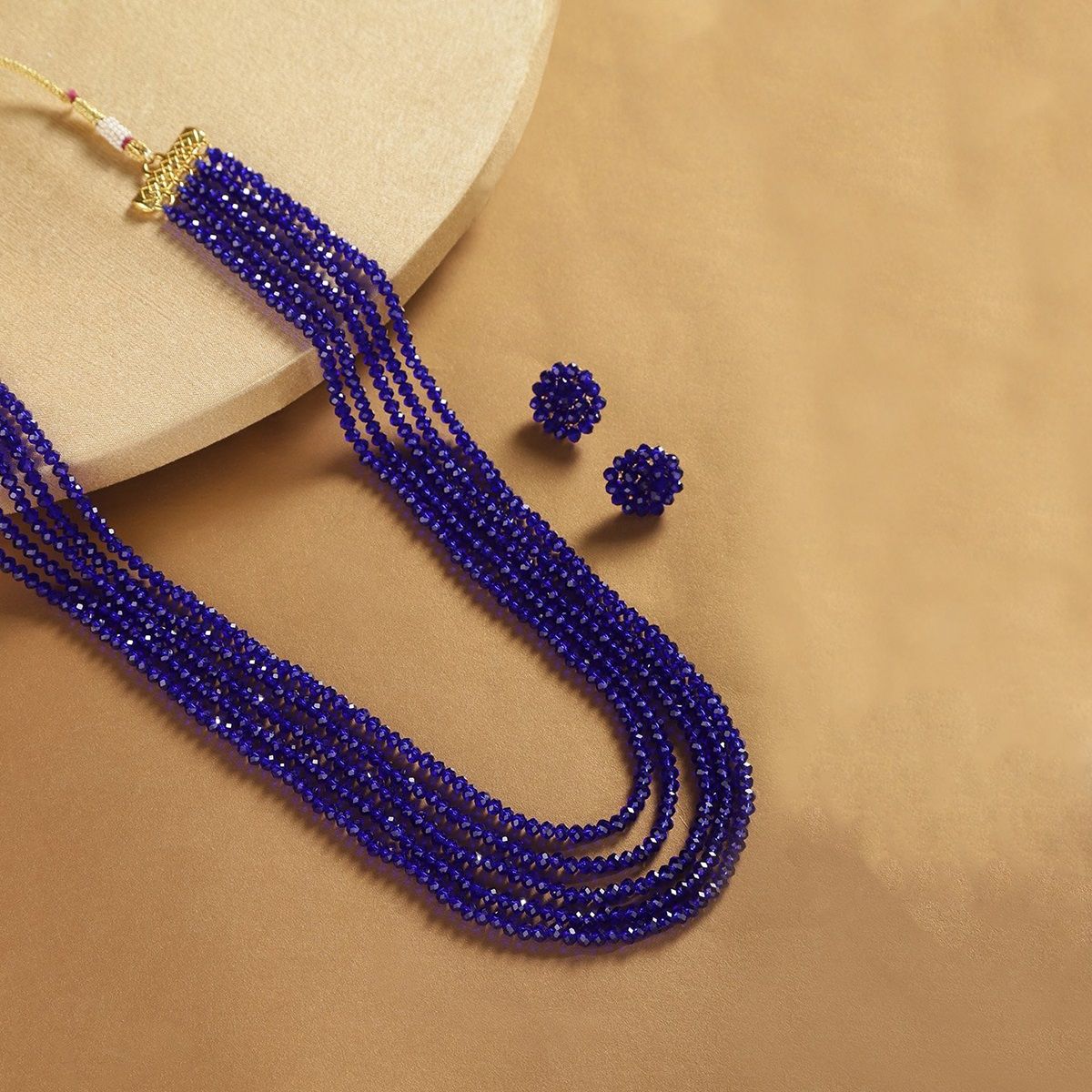 2 Layer Pearlish Metallic Finish Glass Beads Necklace With Pendant, Royal  Blue