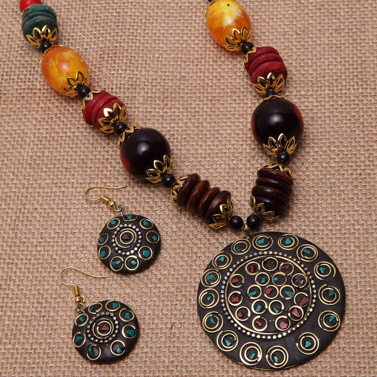 PANASH Black & Green Beaded Jewellery Set