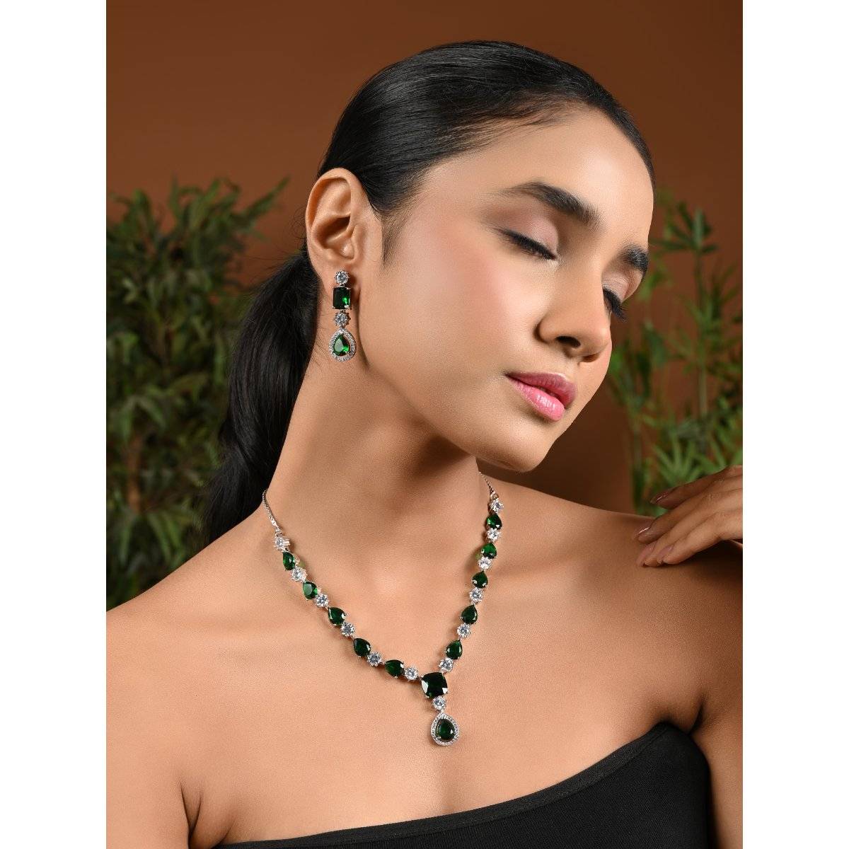I Jewels Silver Plated Cubic Zirconia American Diamond Necklace & Earring Jewellery Set Green