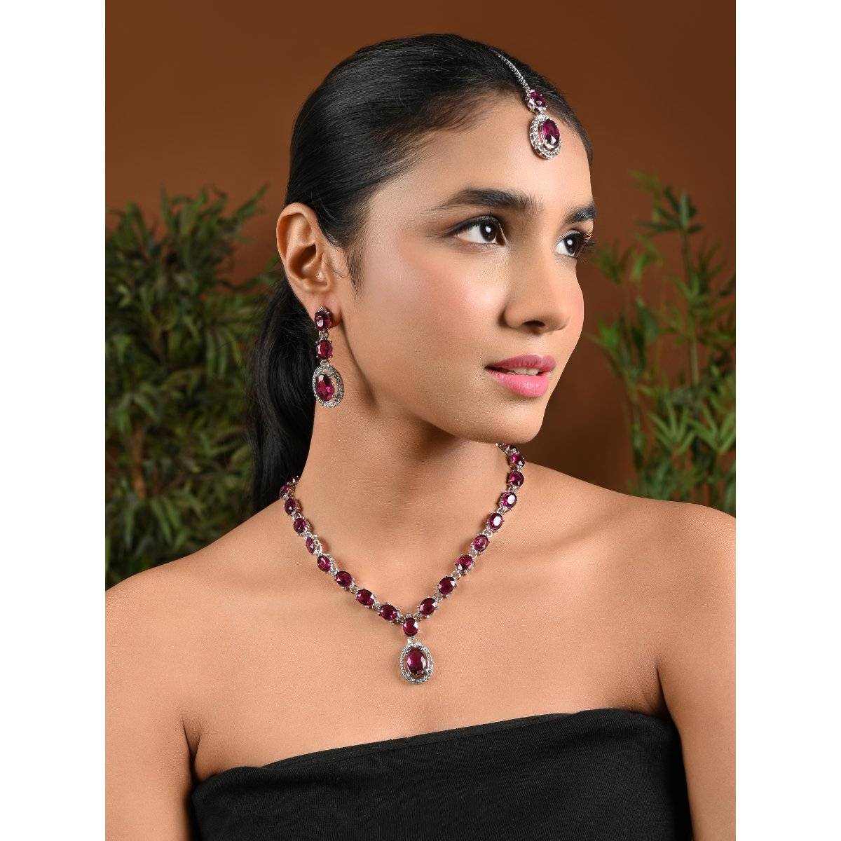 I Jewels Silver Plated Stylish Design Crystal Diamond Necklace with Earrings & Maangtikka (IJ397ZWi)