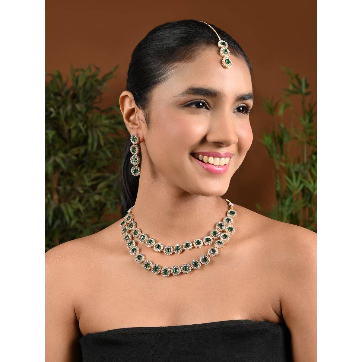 I Jewels Gold Plated Crystal Diamond Multi Layer Necklace, Earrings & Maangtikka (IJ403G)