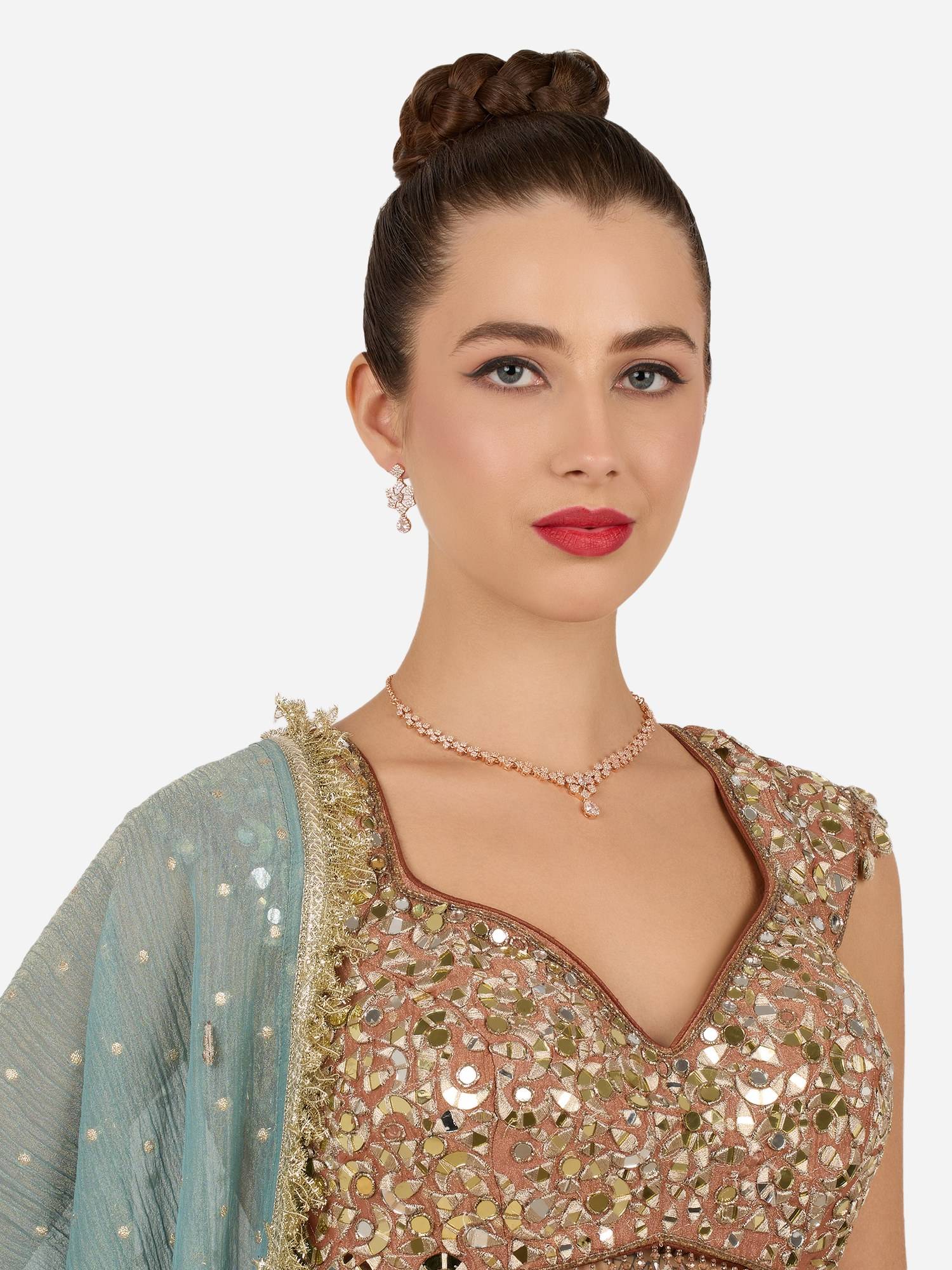 Zaveri Pearls Rose Gold Cubic Zirconia Contemporary Necklace and Earring Jewellery Set