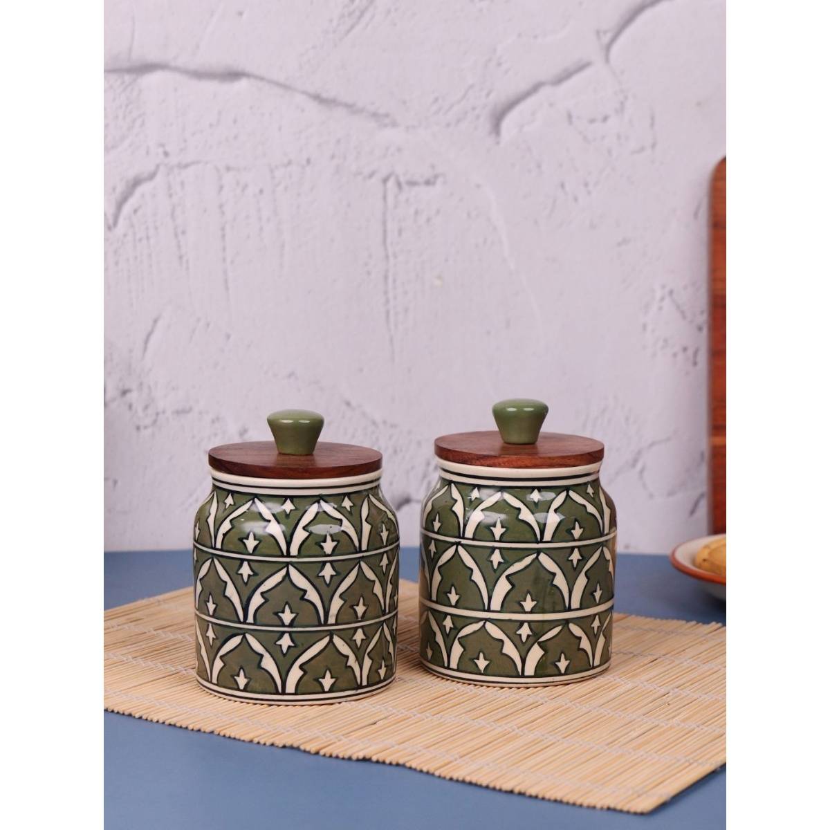 VarEesha Olive Jodhpuri Hand Painted Jar with Lids (Pack Of 2)