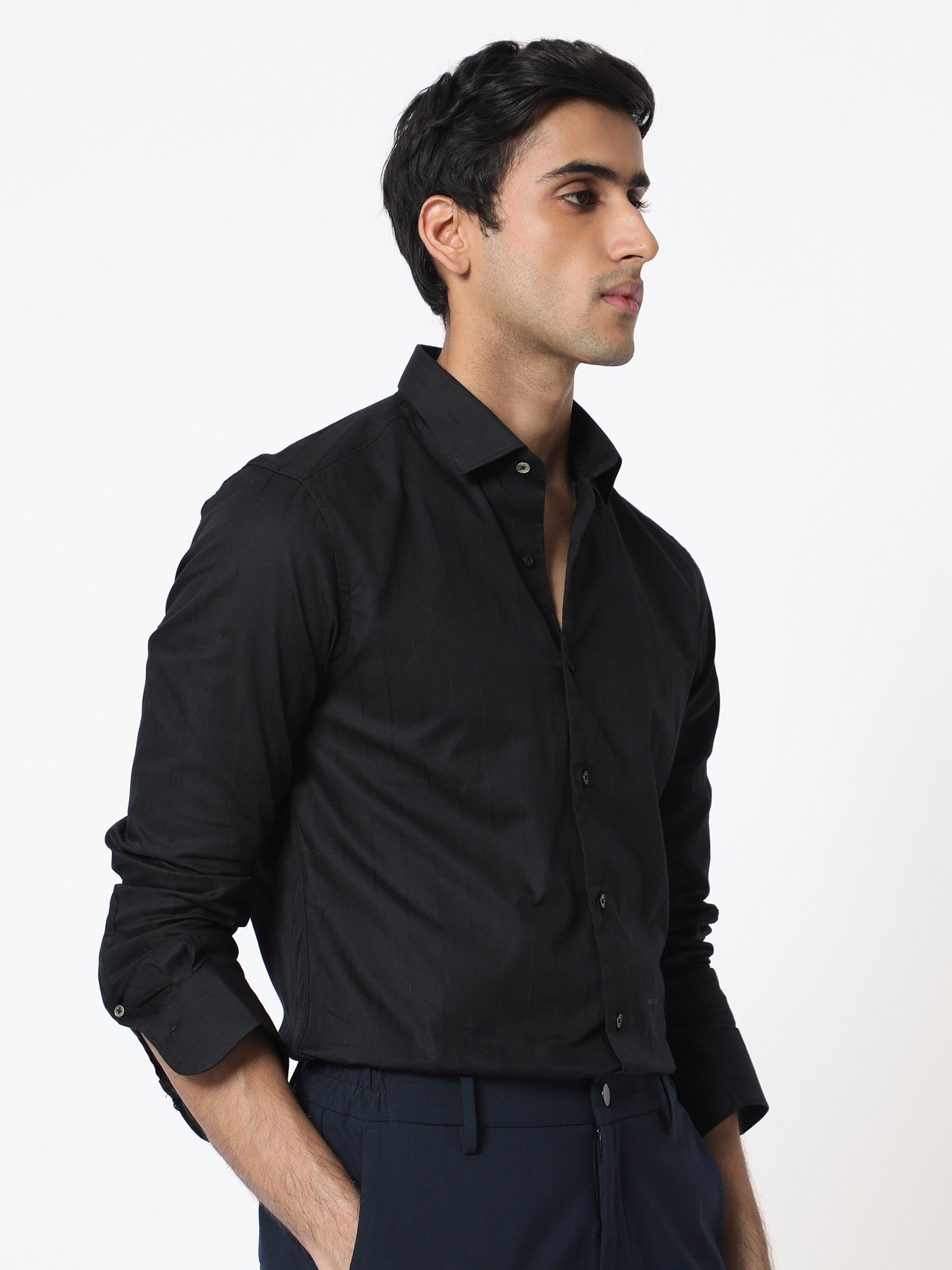 Buy Rare Rabbit Gazan Dobby Self Striped Shirt Black Online